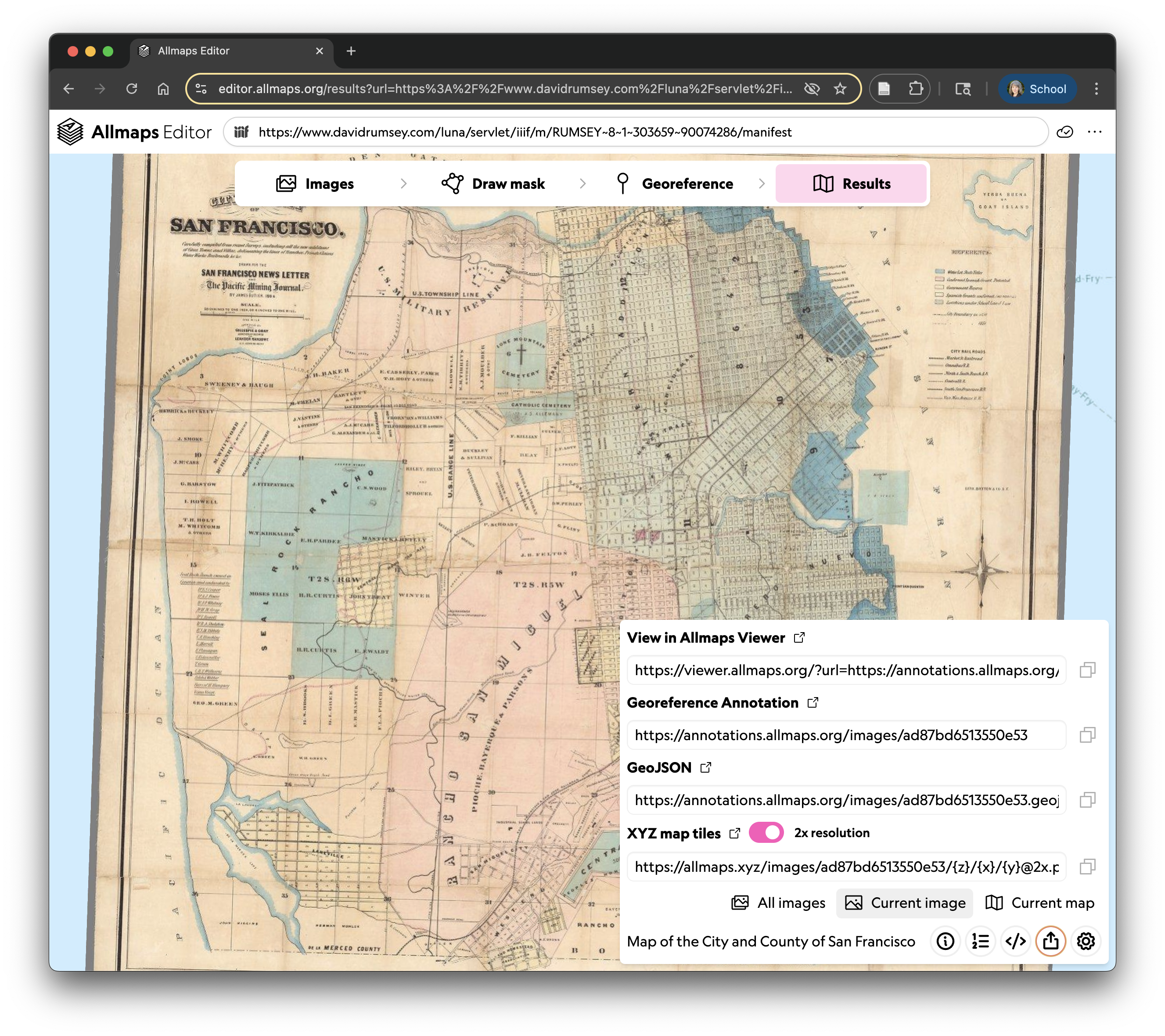 Map of the City and County of San Francisco 1864 in Allmaps Editor interface